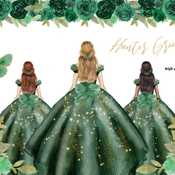 Hunter Green Princess Dress Clipart, Green Flowers watercolor clipart, Emerald Green Quinceañera clipart, Mexican Wedding Dressses, CA154