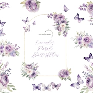 Lavendel Wildblumen Schmetterlinge Clipart, Aquarell lila Schmetterling Clipart, lila Blumen Blumensträuße Hochzeit Geometrischer Goldrahmen