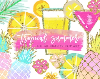Tropical Clip Art, Watercolor Summer Clipart, Pineapple Summer Clipart, Beach Clipart, Lemon Clipart, Pineapple Clipart, signature drink