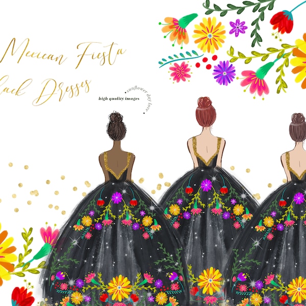 Miss Quince Clipart, Wedding Princess Black Dresses clipart, Colorful Mexican Floral, Gold Dresses Quinceañera Mexican Sweet 15 & 16 Clipart