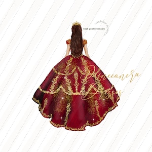 Burgundy Princess watercolor clipart, Elegant Burgundy Quinceañera Red Wedding Dresses Mis quince Birthday Gold Crown Glitter Clipart, CA155