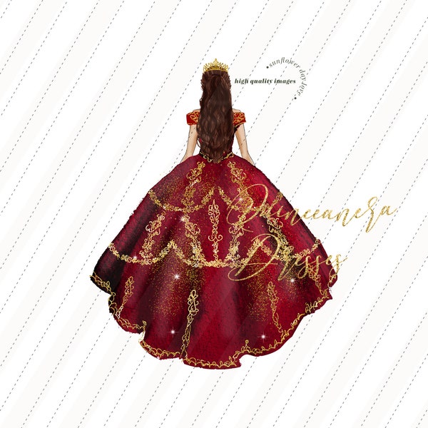 Burgundy Princess watercolor clipart, Elegant Burgundy Quinceañera Red Wedding Dresses Mis quince Birthday Gold Crown Glitter Clipart, CA155