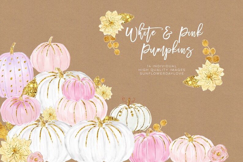 K&ouml;nnte beinhalten: Eine Illustration mit wei&szlig;en, rosa und lavendelfarbenen K&uuml;rbissen, die mit goldenem Glitzer und floralen Elementen verziert sind. Der Text "White & Pink Pumpkins" ist in eleganter Schrift dargestellt, mit zus&auml;tzlichem Text darunter.