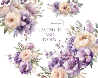 Lavande élégante & fleurs ivoire fleurs aquarelle bouquets Clipart, mariage floral violet Premade cadre géométrique or, fournitures de fête florales blanches
