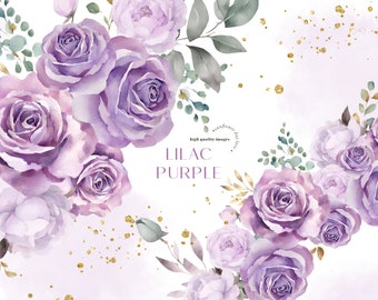 Watercolor Purple Flowers Clipart, Lavender Floral Clipart, Lilac Flowers Bouquets Clipart, Floral Wedding Premade Gold Geometric Frame