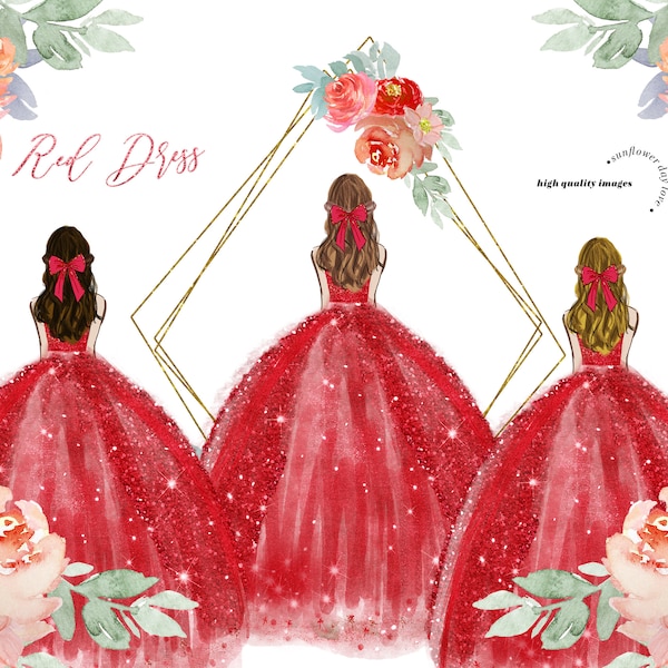 Elegant Red Dresses Clipart, Princess Dresses Red Orange Flowers clipart, Red Mexican Quinceañera Clipart, MIS XV ANOS Geometric, CA104