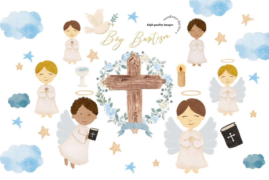 Boy Blue Flowers Cross Baptism Watercolor Clipart Little Etsy