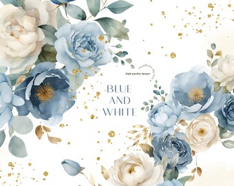 Clipart de bouquets aquarelle de fleurs bleu marine et blanches élégantes, cadres géométriques dorés premade mariage floral bleu, fournitures de fête florales blanches