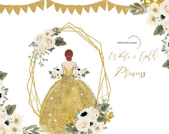 Elegant Gold Princess Dresses White Flowers watercolor Clipart, Greenery white Floral clipart, Geometric Gold Glitter wedges Fashion clipart