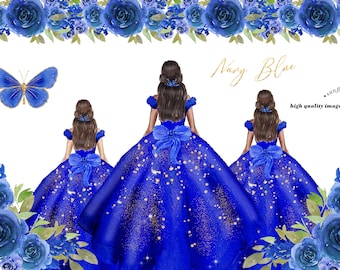 Navy Blue Princess Dresses watercolor Clipart, Navy Blue Quinceañera Mexican Flowers clipart, Royal Blue Butterfly Wedding Dresses, CA154