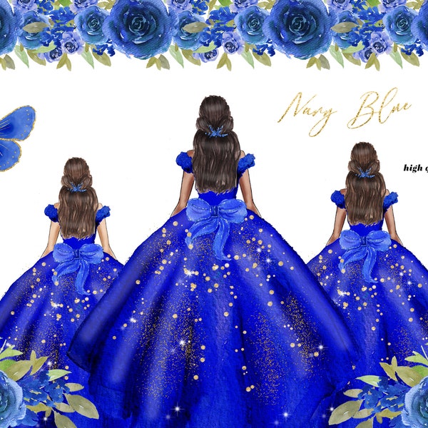 Navy Blue Princess Dresses watercolor Clipart, Navy Blue Quinceañera Mexican Flowers clipart, Royal Blue Butterfly Wedding Dresses, CA154