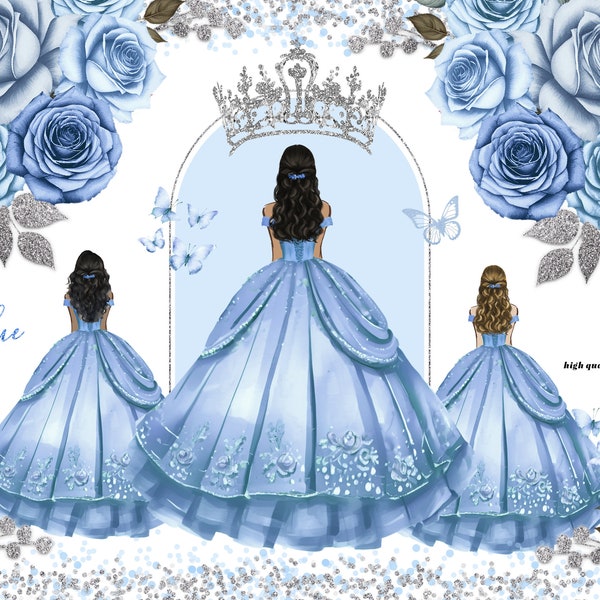 Elegant Arch Blue Princess Dresses watercolor Clipart, Blue Quinceañera Mexican Blue Royal Flowers Silver Crown Birthday Girl clipart, CA171