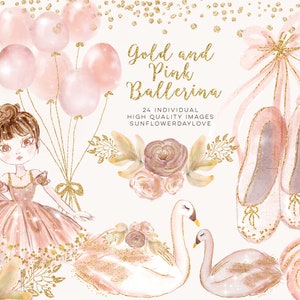 Princess Ballerina Pink Gold clip art, Ballerina Planner Stickers, Digital Fabric Printing, Swan Girl Birthday Clipart, Shoes Tutu clip art