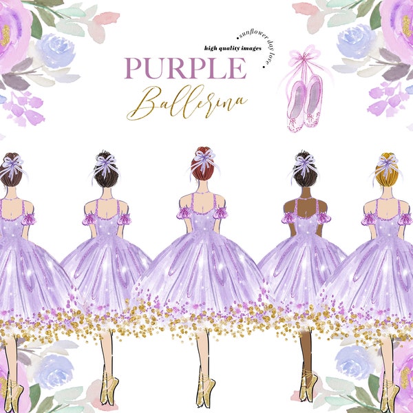 Purple Ballerina Princess Clipart, Purple & Gold Flowers clip art, Swan Purple Ballerinas Watercolor Clipart, Elegant Purple Dresses Floral