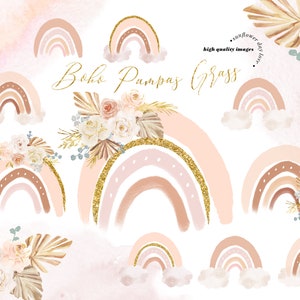 Acquerello Boho arcobaleno Pampas Grass clipart, Eleganti fiori rosa in terracotta Foglia di palma secca, Ghirlanda di pampa Stick Planner, Arte murale per bambini