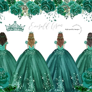 Emerald Green Princess Dress Clipart, Green Flowers watercolor clipart, Hunter Green Quinceañera clipart, Mexican Wedding Dressses, CA158