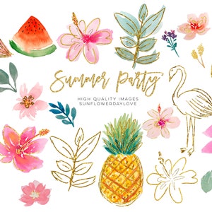 Tropical Clip Art, Flamingos Watercolor Summer Clipart Set, Pineapple Clipart, Watercolor Pineapple Summer, Gold Texture Pineapples, CA043