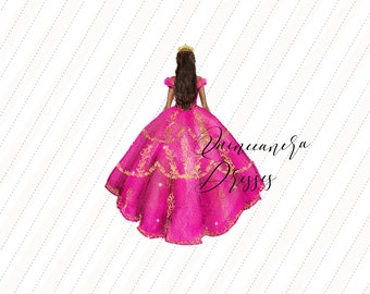 Fuchsia Pink & Gold Princess Dresses Quinceañera Flowers watercolor Clipart, Pink Gold Quinceanera clipart, Mis quince wedges Fashion, CA155