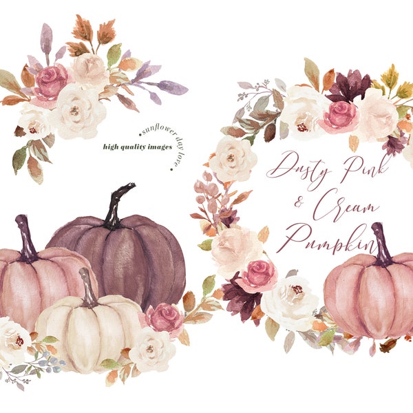 Dusty Pink and White Cream Pumpkin clipart, Watercolor Fall autumn Pumpkin Clipart, Greenery Boho Floral leaves Digital Clip art,