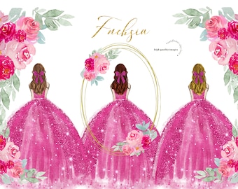 Elegant Fuchsia Pink Princess Dresses Quinceañera Pink Flowers watercolor Clipart, Greenery Floral clipart, Geometric wedges Fashion clipart