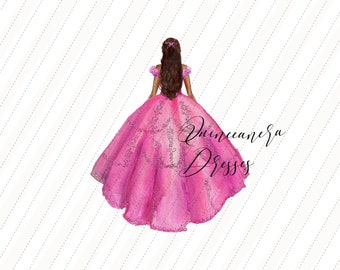 Fuchsia Pink Princess Dresses Quinceañera Pink Flowers watercolor Clipart, Rode Gold Quinceanera clipart, Mis quince wedges Fashion, CA155