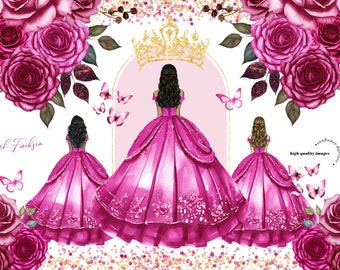 Princesse rose fuchsia robe papillon Rose Floral Clipart, fleurs rose fuchsia aquarelle couronne de Quinceañera mariage mexicain Clipart, CA171