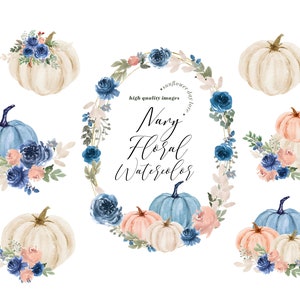 Navy Blue Floral Pumpkin Watercolor clipart, Fall autumn Pumpkin, Navy Flowers Greenery Floral Digital Leaves clipart, instant download