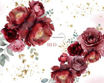Bouquets aquarelle de fleurs rouges élégantes anniversaire Clipart, roses rouges mariage floral premade cadres géométriques or bordeaux rouge articles de fête