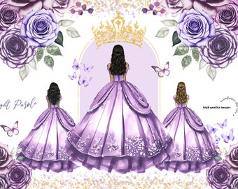 Light Purple Princess Dress Butterfly Floral Clipart, Purple Flowers watercolor Quinceañera Gold Crown Mexican Wedding Dress Clipart CA171