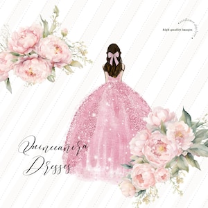 Rosa Prinzessin Kleider Aquarell Clipart, Blush Rosa Quinceamaßa Clipart, Elegante Vorgefertigte Mis quince 15 Anos Geburtstag Rosa Blumen, CA104