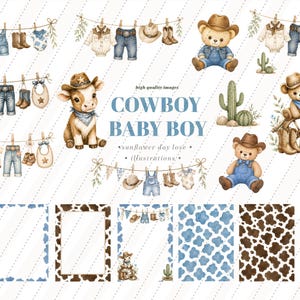 Imágenes prediseñadas de bebé vaquero niño, gráficos para baby shower del oeste, tendedero de ropa de pequeño vaquero, PNG de guardería de rodeo, animales rústicos del oeste, bebé de mezclilla azul
