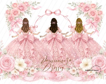 Pink Bow Princess Dresses Quinceañera, Roses Flowers watercolor Clipart, Elegant Dusty Pink clipart, Blush Pink Mis quince, S530
