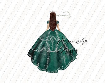 Clipart aquarelle princesse vert émeraude, clipart Quinceañera vert chasseur, robes de mariée élégantes Mis coing Silver Crown Glitter, CA155