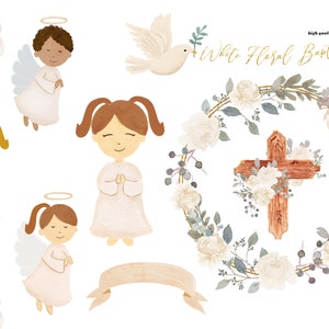 White Flowers Easter Cross Baptism Clipart, Greenery Floral Cross, Green Leaves Little Angels Holy Spirit watercolor Christening Clipart