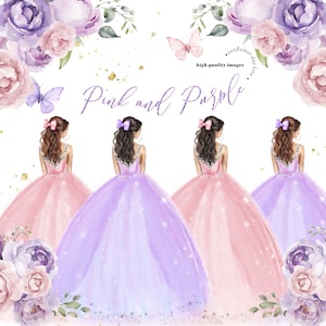 Elegante Rosa & Lila Prinzessin Kleider Quinceaňa, Rosa und Lila Blumen Süßer 16.Geburtstag Aquarell Vorgefertigte Quince Clipart, CA190