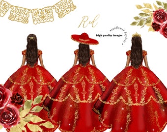 Red Miss Quince Clipart, Abiti da principessa nuziale - Clipart neri, Abiti messicani Quinceañera rossi e dorati, dolci sedici messicani, CA155