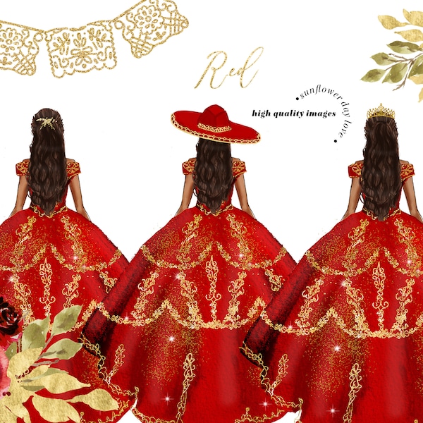 Red Miss Quince Clipart, Wedding Princess Dresses - Black clipart, Mexican Dresses Red & Gold Quinceañera, Mexican sweet sixteen, CA155