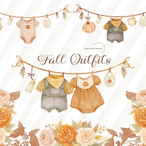 May include: Watercolor illustration of baby clothes and accessories, including a pumpkin-themed onesie, overalls, and bibs. The words "Fall Outfits" are written in a decorative font. Floral arrangements in shades of orange and brown frame the image.
