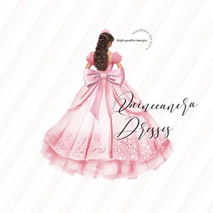 Rosa Prinzessin Bogen Kleid Aquarell Clipart, Rosa Rose Gold Quinceaño Clipart, Elegante Hochzeitskleider Mis quince Geburtstagskrone, CA211