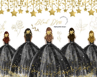 Elegant Black and Gold Princess Clipart, Gold Flowers clipart, Quinceañera Fashion Clipart, Black Wedding Dresses, Star Gold Glitter, CA104