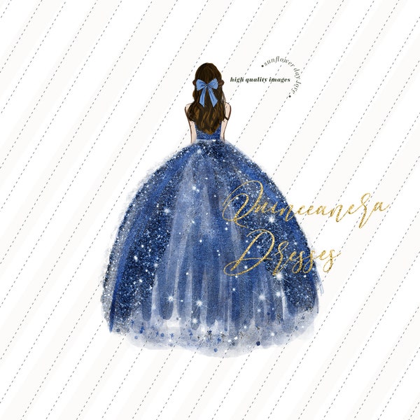 Navy Blue Princess watercolor clipart, Elegant Blue Quinceañera clipart, Blue Wedding Dresses Mis quince Birthday Blue Silver Glitter, CA104