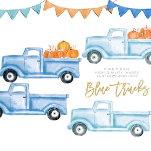 Fall Pumpkin Truck Clipart, Thanksgiving clipart, Farmhouse truck clipart, Vintage Blue Pumpkin Truck Arrangements clipart, autumn clipart