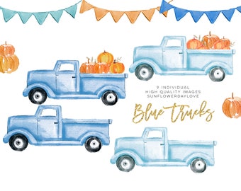 Herbst Kürbis LKW Clipart, Thanksgiving Clipart, Bauernhaus LKW Clipart, Vintage Blau Kürbis LKW Arrangement Clipart, Herbst Clipart