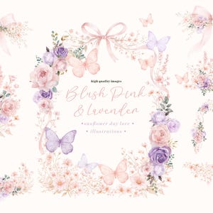 Op de afbeelding: Waterverfillustraties met blush roze en lavendel bloemstukken, strikken en vlinders. De tekst "Blush Pink & Lavender" staat in een sierlijk lettertype. Hoogwaardige afbeeldingen voor diverse creatieve projecten.