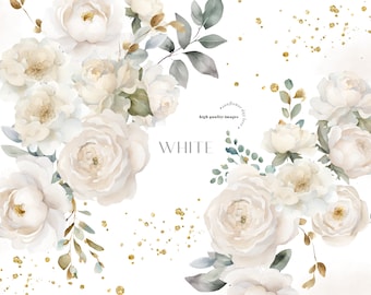 Elegant White Flowers Watercolor Bouquets Clipart, White Cream Floral Wedding Premade Gold Geometric Frames, Ivory White Party Supplies