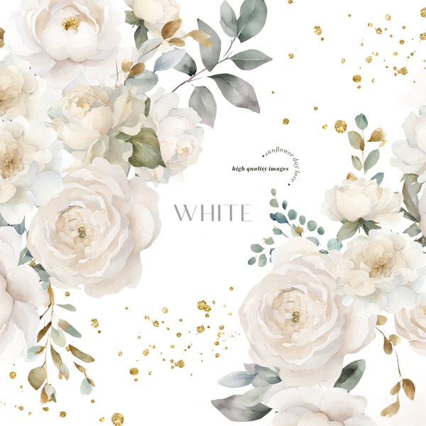 Elegant White Flowers Watercolor Bouquets Clipart, White Cream Floral Wedding Premade Gold Geometric Frames, Ivory White Party Supplies