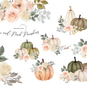 Sage and Peach Arrangements pumpkin clipart, Watercolor White Pumpkin, Digital Planner clipart, Fall Autumn Greenery floral Leaves clipart