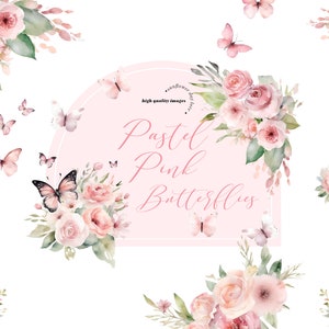 Clipart di farfalle di fiori selvatici rosa pastello, Clipart di farfalle rosa acquerello, Mazzi di fiori rosa Cornice geometrica dorata preconfezionata per matrimonio