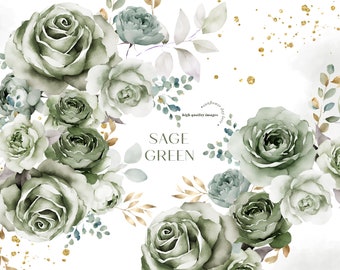 Watercolor Sage Green Flowers Bouquets Birthday Clipart, Elegant Sage Green Floral Wedding Premade Gold Geometric Party Supplies Clipart