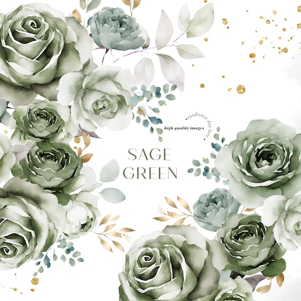 Watercolor Sage Green Flowers Bouquets Birthday Clipart, Elegant Sage Green Floral Wedding Premade Gold Geometric Party Supplies Clipart